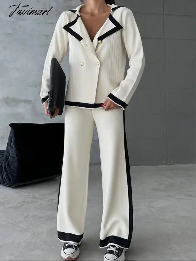 Elegant Knitted Blazer Set Women Black White Winter Tracksuit Women Two Piece Set 2 Piece Matching Pants Sets For Women