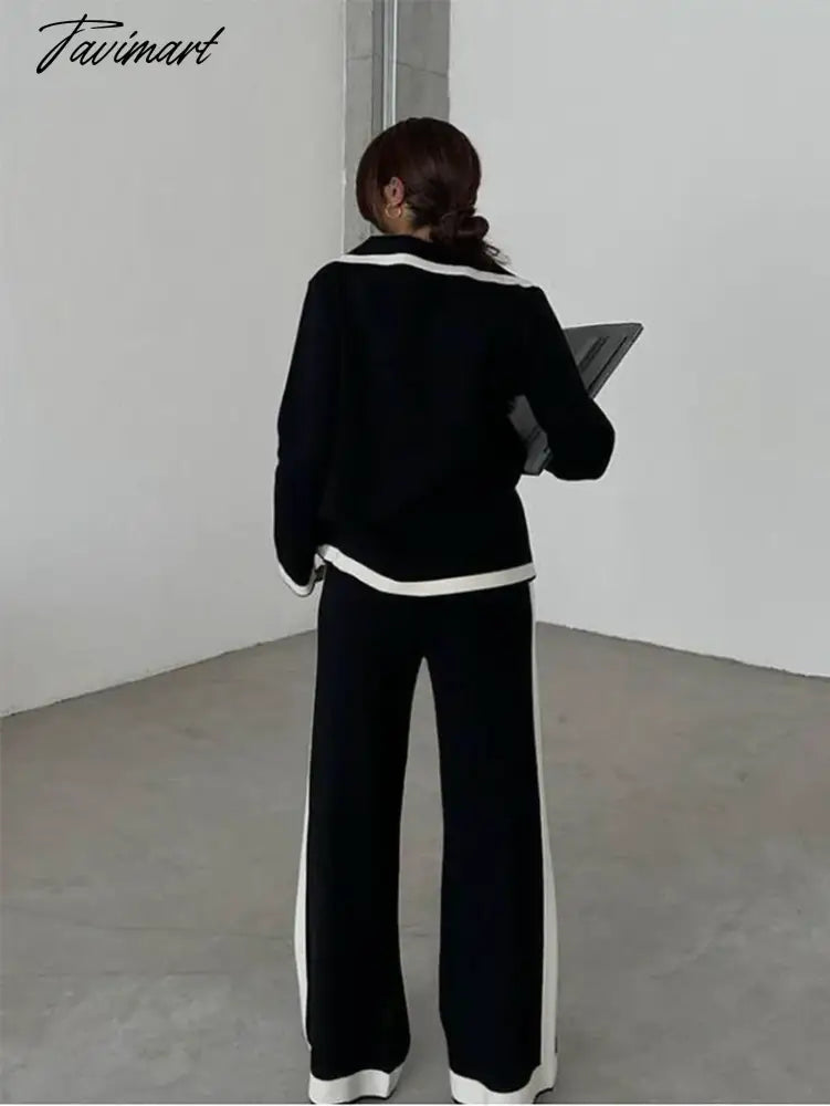 Elegant Knitted Blazer Set Women Black White Winter Tracksuit Women Two Piece Set 2 Piece Matching Pants Sets For Women