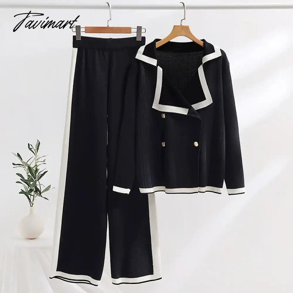 Elegant Knitted Blazer Set Women Black White Winter Tracksuit Women Two Piece Set 2 Piece Matching Pants Sets For Women