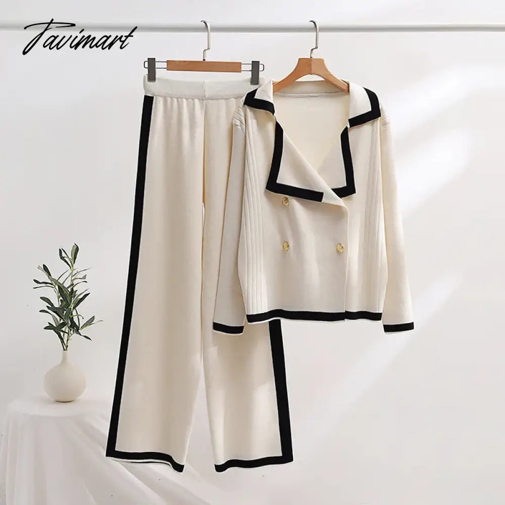 Elegant Knitted Blazer Set Women Black White Winter Tracksuit Women Two Piece Set 2 Piece Matching Pants Sets For Women