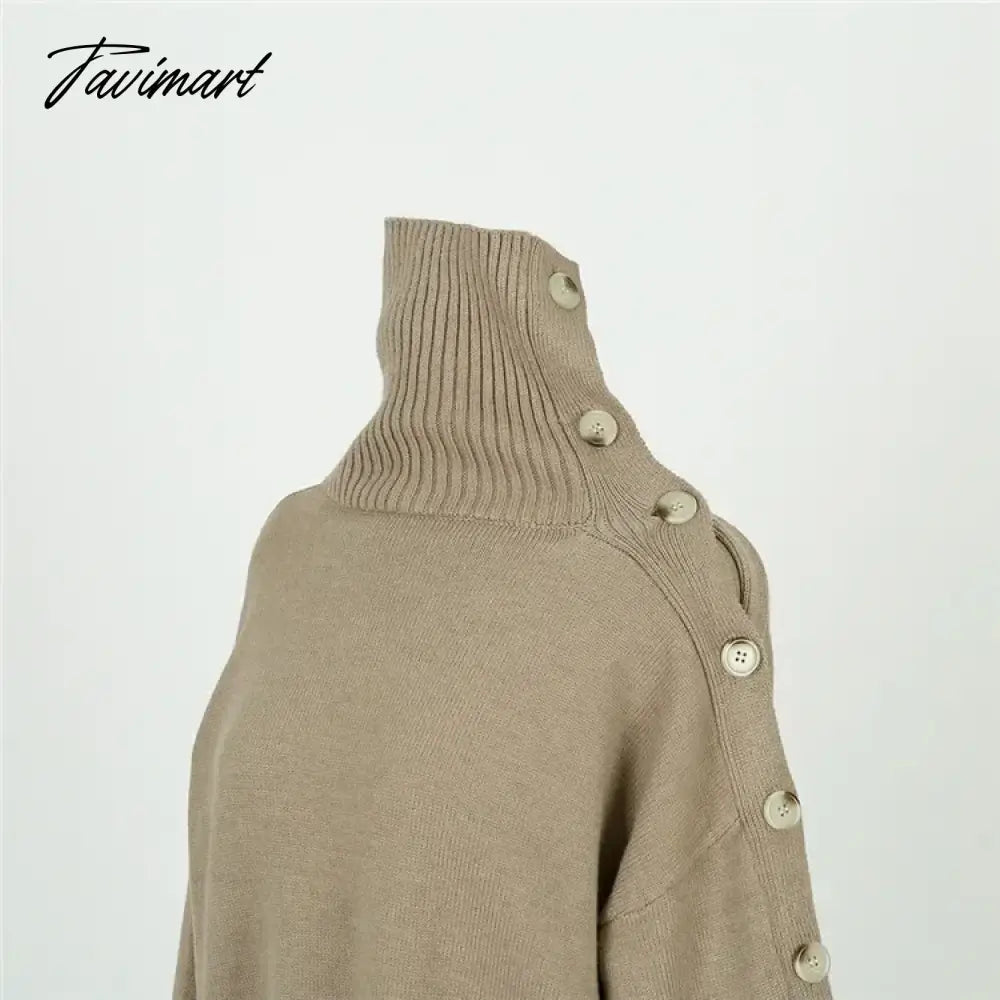 Elegant Ladies Sweater Sexy Hollow High Neck Loose Knit Pullover Women Casual Solid Color Top Coat Autumn and Winter New Khaki
