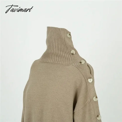 Elegant Ladies Sweater Sexy Hollow High Neck Loose Knit Pullover Women Casual Solid Color Top Coat Autumn and Winter New Khaki
