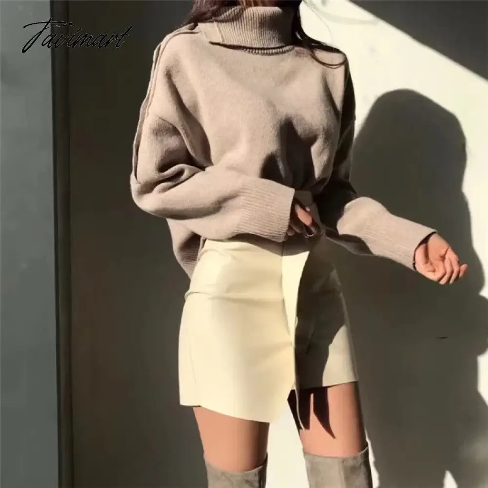 Elegant Ladies Sweater Sexy Hollow High Neck Loose Knit Pullover Women Casual Solid Color Top Coat Autumn and Winter New Khaki