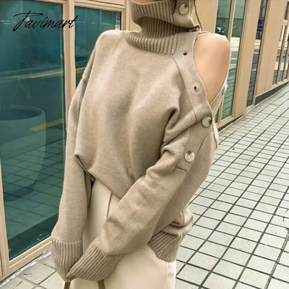 Elegant Ladies Sweater Sexy Hollow High Neck Loose Knit Pullover Women Casual Solid Color Top Coat Autumn and Winter New Khaki