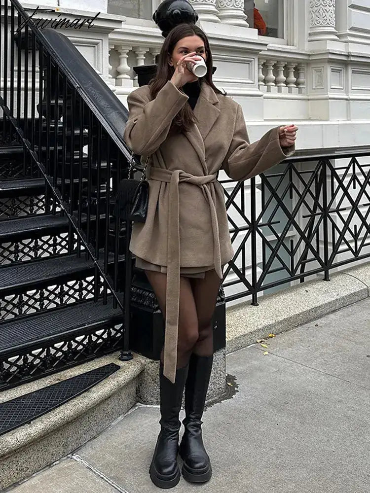Elegant Lapel Collar Lace-up Woolen Overcoat Women Long Sleeve Thicken Warm Coats Ladies Office Street Outerwear