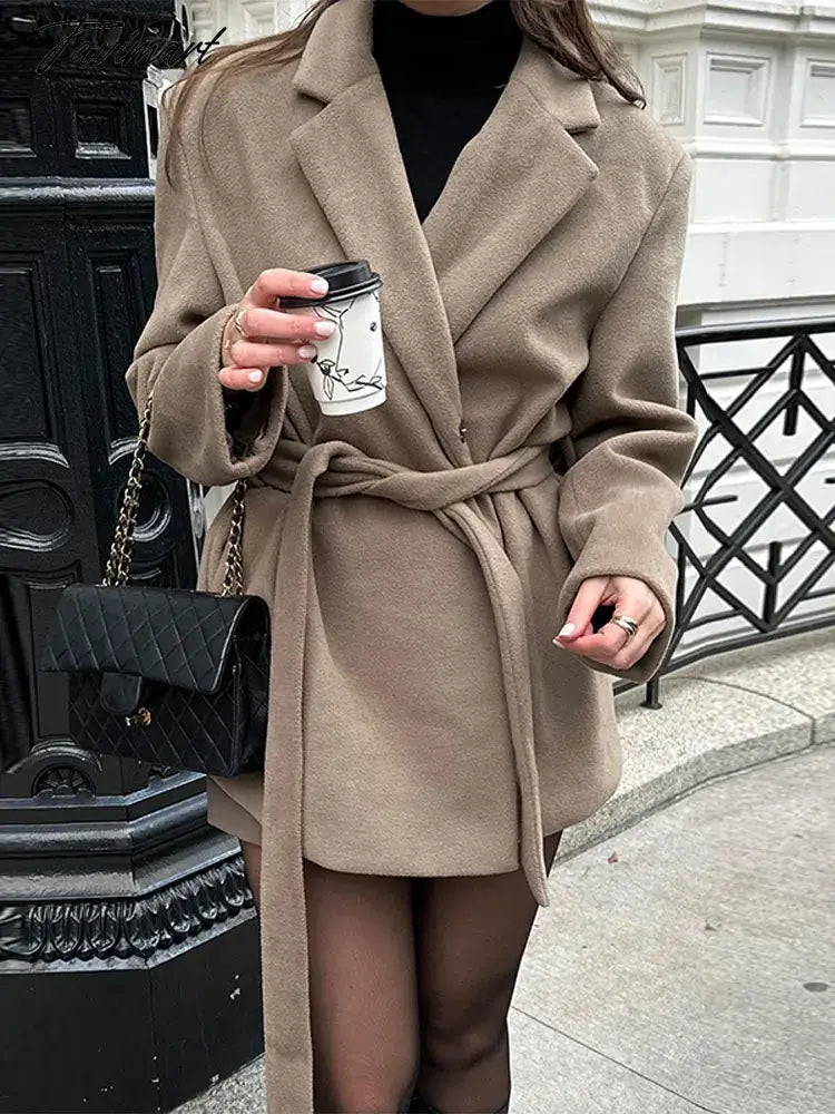Elegant Lapel Collar Lace-up Woolen Overcoat Women Long Sleeve Thicken Warm Coats Ladies Office Street Outerwear