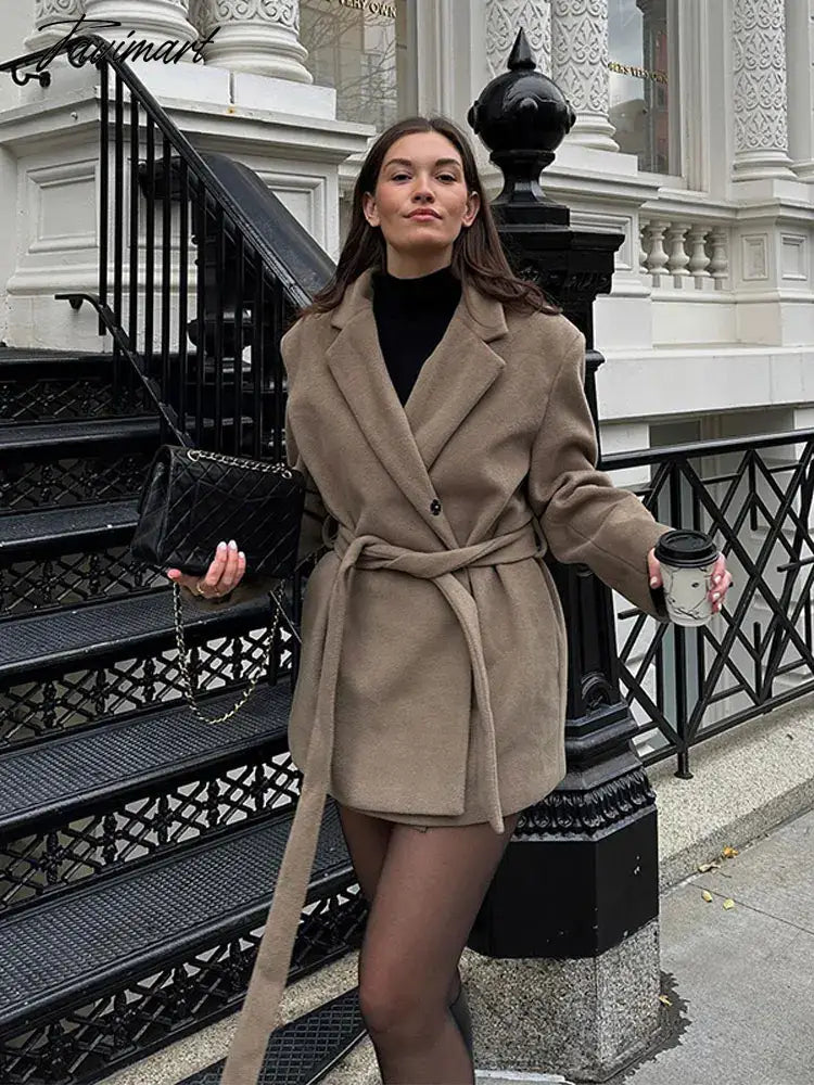 Elegant Lapel Collar Lace-up Woolen Overcoat Women Long Sleeve Thicken Warm Coats Ladies Office Street Outerwear