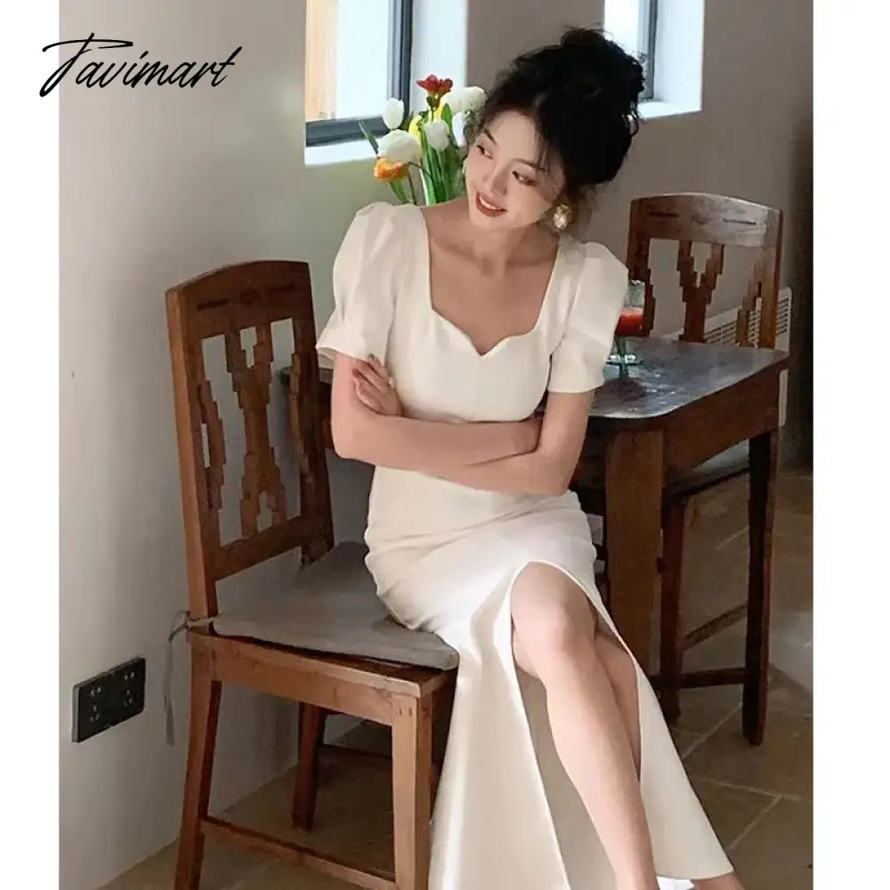 Elegant Party Dress Women Fashion Retro Puff Sleeve Square Collar Hight Split Solid Midi Dresses Even Sundress Vestidos 2023 New
