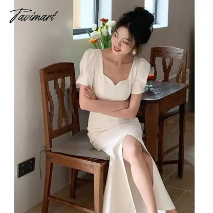 Elegant Party Dress Women Fashion Retro Puff Sleeve Square Collar Hight Split Solid Midi Dresses Even Sundress Vestidos 2023 New