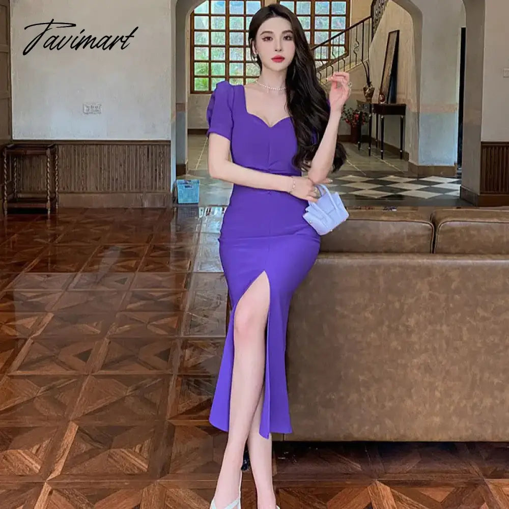Elegant Party Dress Women Fashion Retro Puff Sleeve Square Collar Hight Split Solid Midi Dresses Even Sundress Vestidos 2023 New