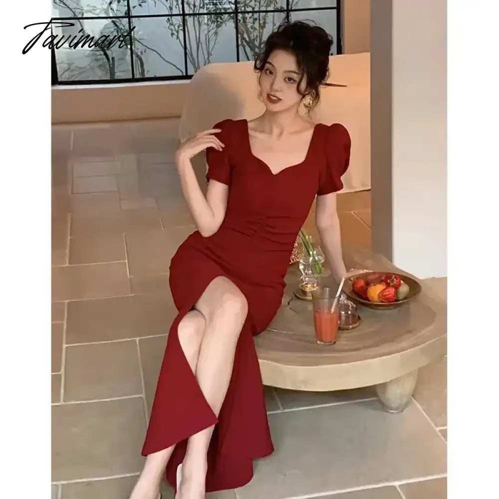 Elegant Party Dress Women Fashion Retro Puff Sleeve Square Collar Hight Split Solid Midi Dresses Even Sundress Vestidos 2023 New