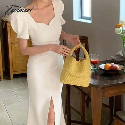 Elegant Party Dress Women Fashion Retro Puff Sleeve Square Collar Hight Split Solid Midi Dresses Even Sundress Vestidos 2023 New