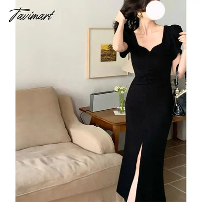 Elegant Party Dress Women Fashion Retro Puff Sleeve Square Collar Hight Split Solid Midi Dresses Even Sundress Vestidos 2023 New