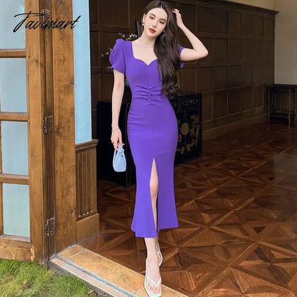 Elegant Party Dress Women Fashion Retro Puff Sleeve Square Collar Hight Split Solid Midi Dresses Even Sundress Vestidos 2023 New