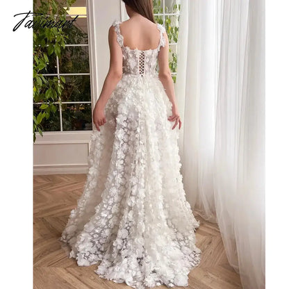 Elegant Prom Dress Exquisite Square Collar 3D Flowers Side Slit Party Gowns Fashion A-Line Floor Length Evening Dress
