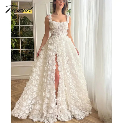 Elegant Prom Dress Exquisite Square Collar 3D Flowers Side Slit Party Gowns Fashion A-Line Floor Length Evening Dress