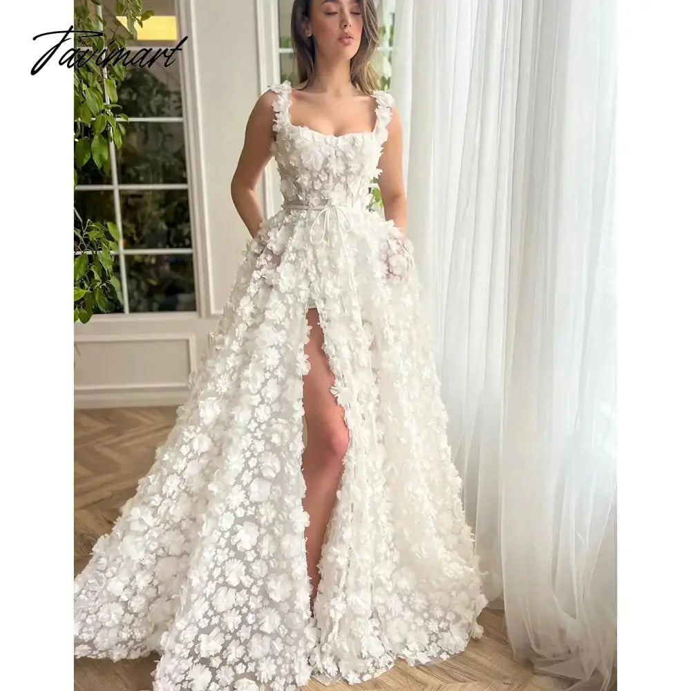 Elegant Prom Dress Exquisite Square Collar 3D Flowers Side Slit Party Gowns Fashion A-Line Floor Length Evening Dress