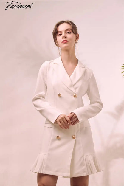 Elegant Ruffle Double Breasted Women Dress Office Blazer White Dress Autumn Winter Slim Suit Ladies Dresses