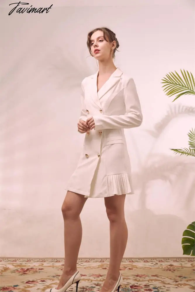 Elegant Ruffle Double Breasted Women Dress Office Blazer White Dress Autumn Winter Slim Suit Ladies Dresses