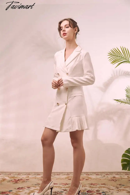 Elegant Ruffle Double Breasted Women Dress Office Blazer White Dress Autumn Winter Slim Suit Ladies Dresses