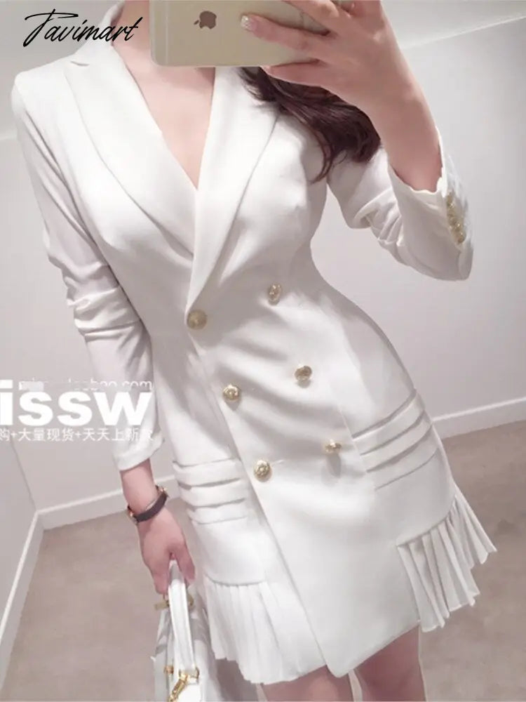 Elegant Ruffle Double Breasted Women Dress Office Blazer White Dress Autumn Winter Slim Suit Ladies Dresses