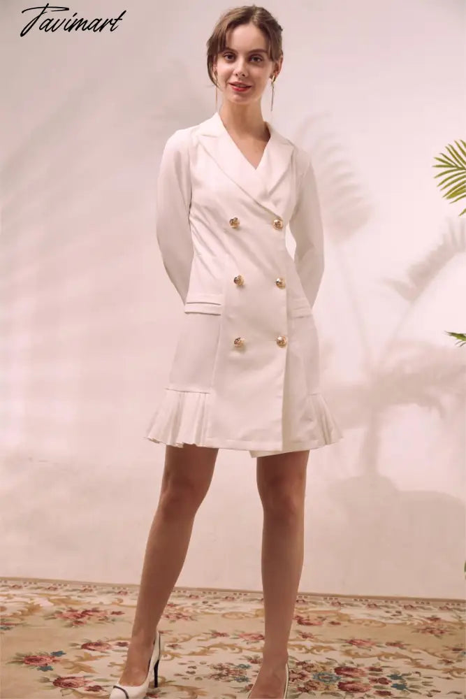 Elegant Ruffle Double Breasted Women Dress Office Blazer White Dress Autumn Winter Slim Suit Ladies Dresses