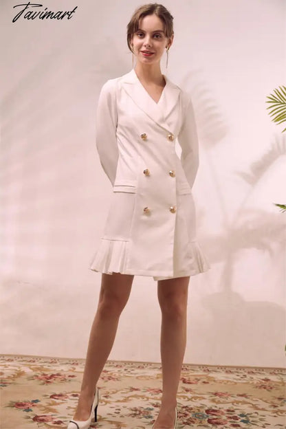 Elegant Ruffle Double Breasted Women Dress Office Blazer White Dress Autumn Winter Slim Suit Ladies Dresses