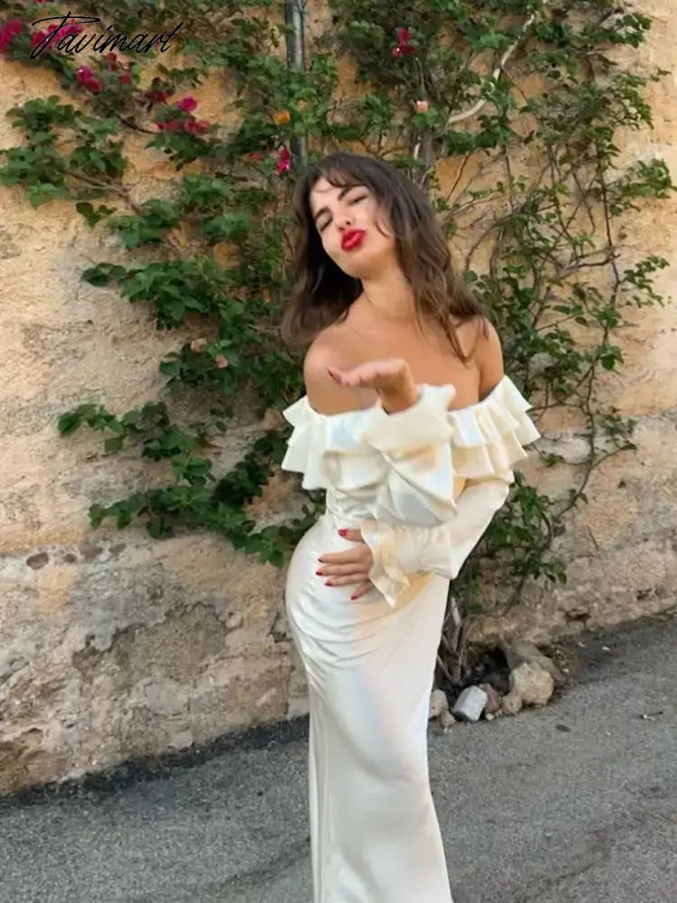 Elegant Ruffles Off Shoulder Women Maxi Dress Fashion Solid Long Sleeve Bodycon Dresses 2024 Female Summer Holiday Robes
