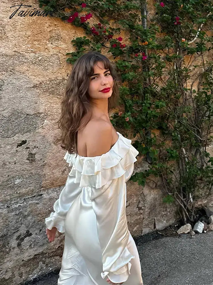 Elegant Ruffles Off Shoulder Women Maxi Dress Fashion Solid Long Sleeve Bodycon Dresses 2024 Female Summer Holiday Robes