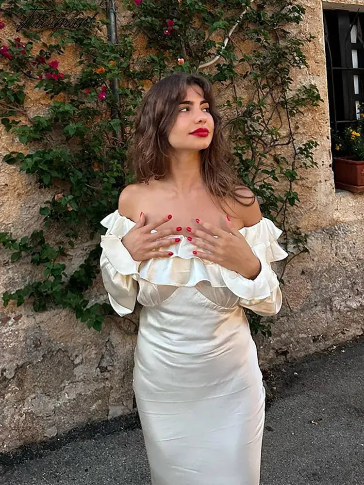 Elegant Ruffles Off Shoulder Women Maxi Dress Fashion Solid Long Sleeve Bodycon Dresses 2024 Female Summer Holiday Robes