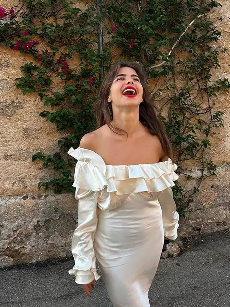 Elegant Ruffles Off Shoulder Women Maxi Dress Fashion Solid Long Sleeve Bodycon Dresses 2024 Female Summer Holiday Robes