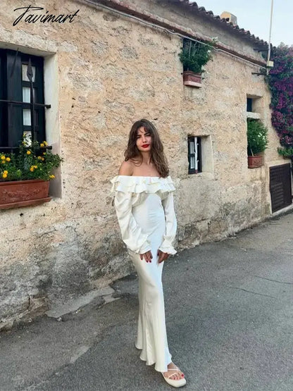 Elegant Ruffles Off Shoulder Women Maxi Dress Fashion Solid Long Sleeve Bodycon Dresses 2024 Female Summer Holiday Robes