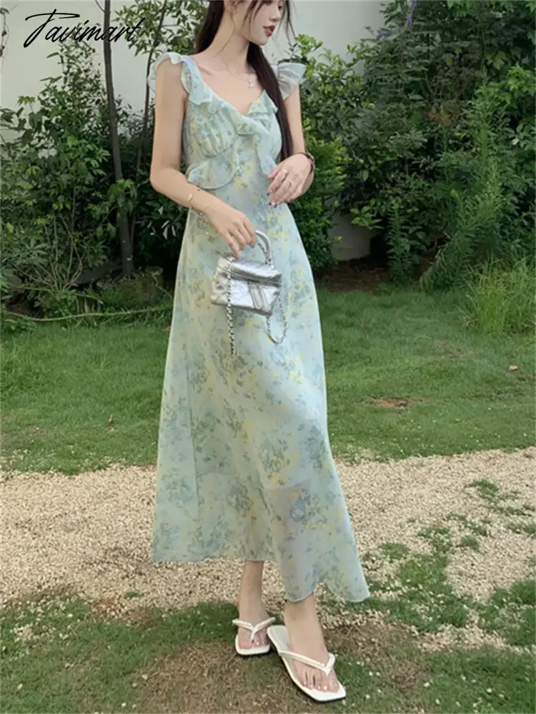 Elegant Ruffles Women Sleeveless Chic Dress Florals Sweet OL New Office Lady Slim Mujer Printed Daily Holiday