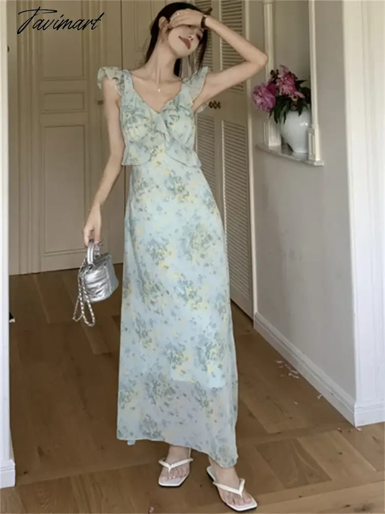 Elegant Ruffles Women Sleeveless Chic Dress Florals Sweet OL New Office Lady Slim Mujer Printed Daily Holiday