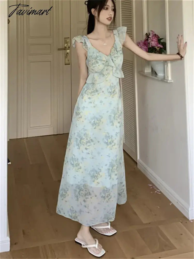 Elegant Ruffles Women Sleeveless Chic Dress Florals Sweet OL New Office Lady Slim Mujer Printed Daily Holiday