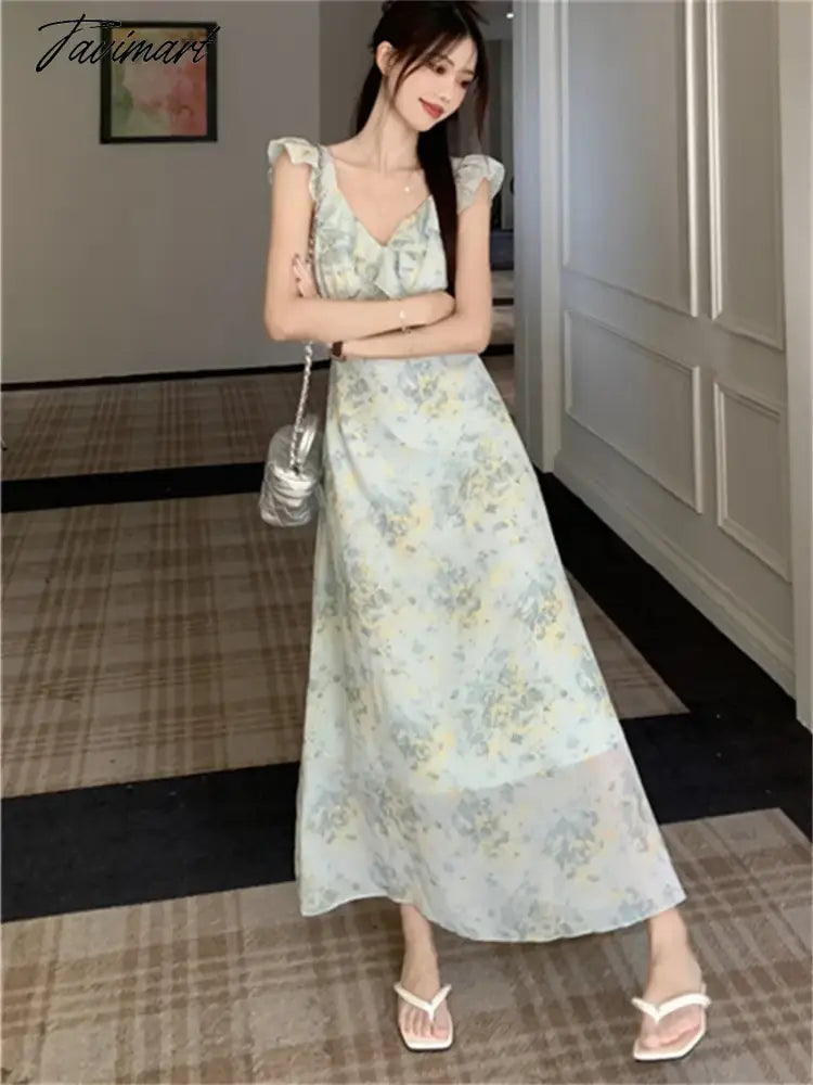 Elegant Ruffles Women Sleeveless Chic Dress Florals Sweet OL New Office Lady Slim Mujer Printed Daily Holiday