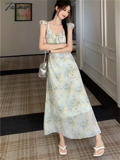 Elegant Ruffles Women Sleeveless Chic Dress Florals Sweet OL New Office Lady Slim Mujer Printed Daily Holiday