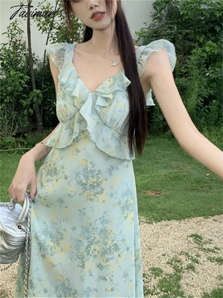 Elegant Ruffles Women Sleeveless Chic Dress Florals Sweet OL New Office Lady Slim Mujer Printed Daily Holiday
