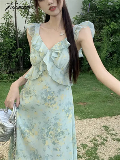 Elegant Ruffles Women Sleeveless Chic Dress Florals Sweet OL New Office Lady Slim Mujer Printed Daily Holiday