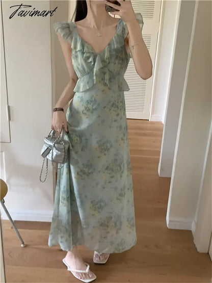 Elegant Ruffles Women Sleeveless Chic Dress Florals Sweet OL New Office Lady Slim Mujer Printed Daily Holiday