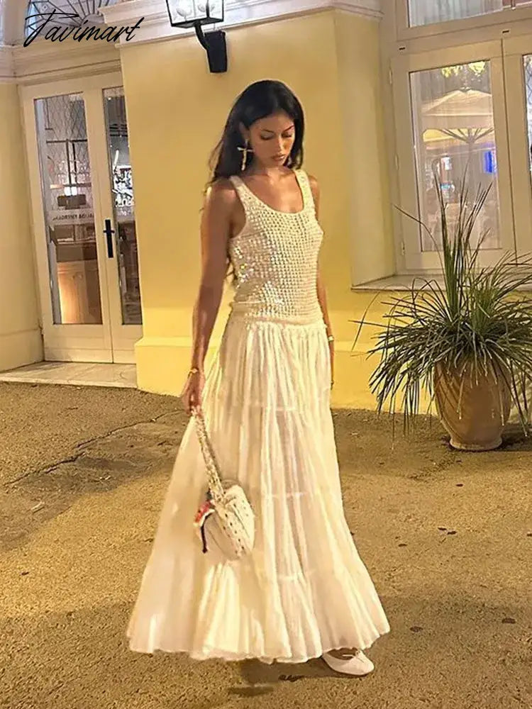 Elegant Solid A-line Maxi Dress For Women Fashion Sequin Pleated Sleeveless Long Robes Summer Ladies Chic Party Vestidos