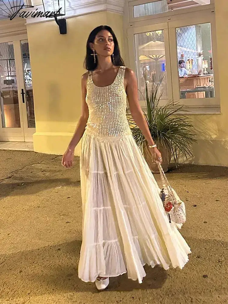 Elegant Solid A-line Maxi Dress For Women Fashion Sequin Pleated Sleeveless Long Robes Summer Ladies Chic Party Vestidos