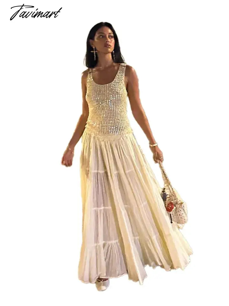 Elegant Solid A-line Maxi Dress For Women Fashion Sequin Pleated Sleeveless Long Robes Summer Ladies Chic Party Vestidos