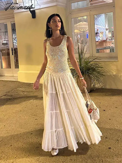 Elegant Solid A-line Maxi Dress For Women Fashion Sequin Pleated Sleeveless Long Robes Summer Ladies Chic Party Vestidos