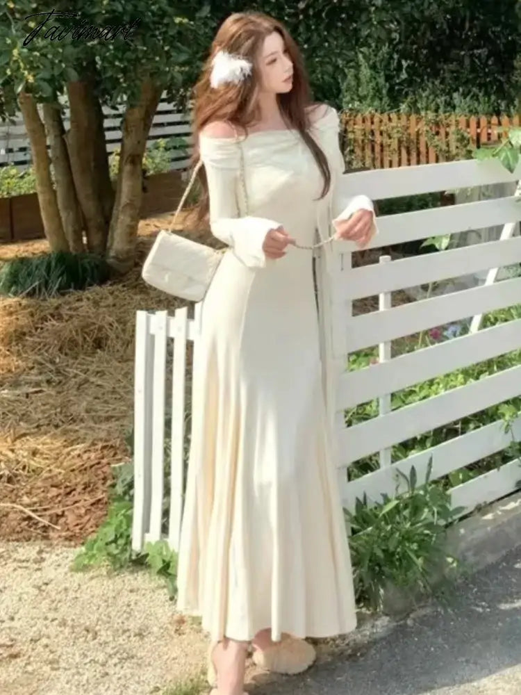 Elegant Solid Maxi Dress Women Long Sleeve Off Shoulder Lace Up Slim Mermaid Autumn Winter Wedding Party Vestidos Robe Mujer New
