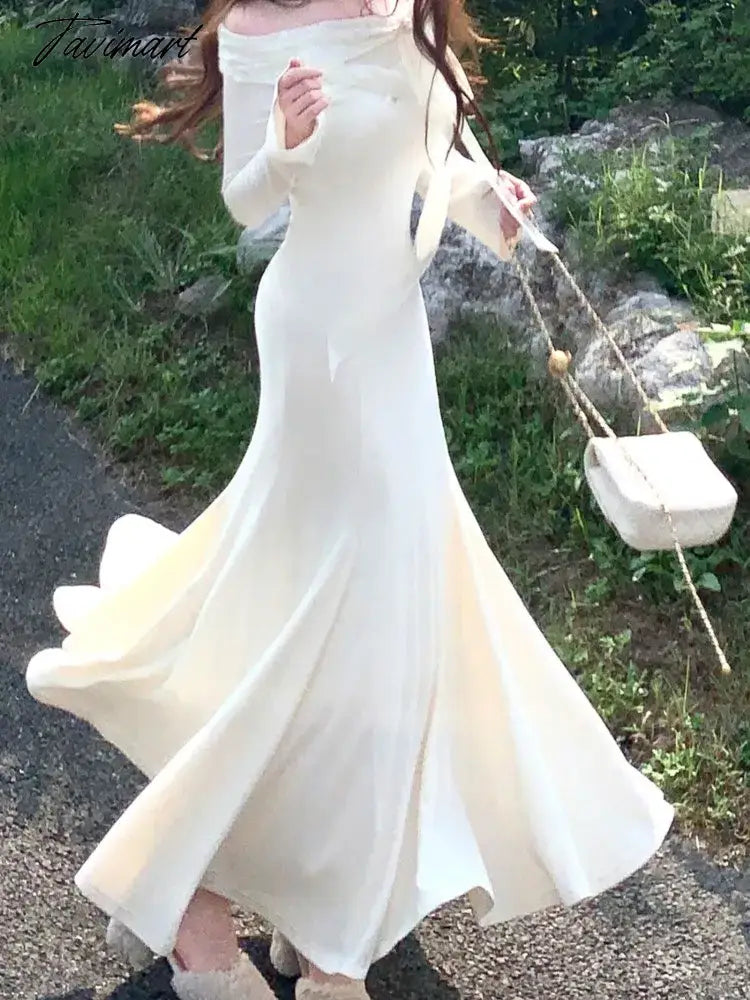 Elegant Solid Maxi Dress Women Long Sleeve Off Shoulder Lace Up Slim Mermaid Autumn Winter Wedding Party Vestidos Robe Mujer New