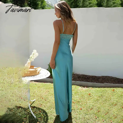Elegant Spaghetti Strap Satin Splice Lace A-Line Summer Party Long платье женское Sexy Backless Evening Dress Holiday Vestidos