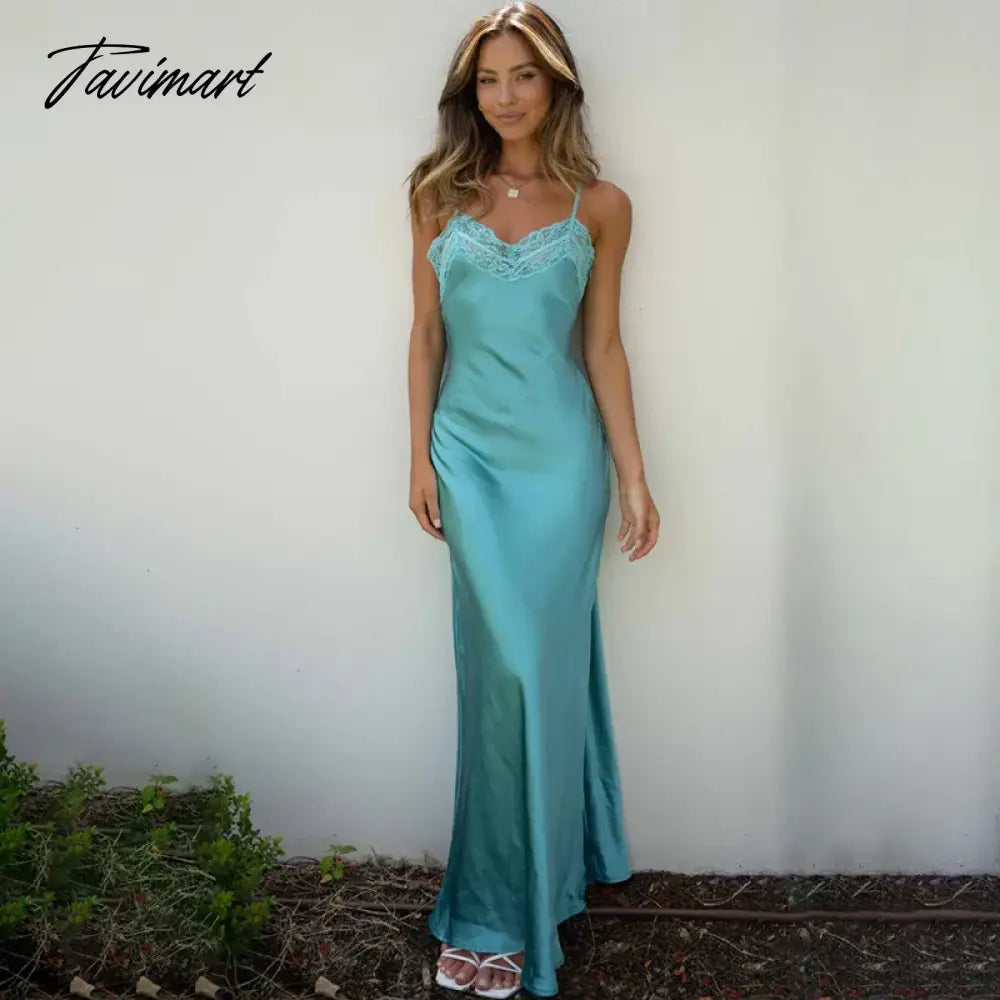 Elegant Spaghetti Strap Satin Splice Lace A-Line Summer Party Long платье женское Sexy Backless Evening Dress Holiday Vestidos