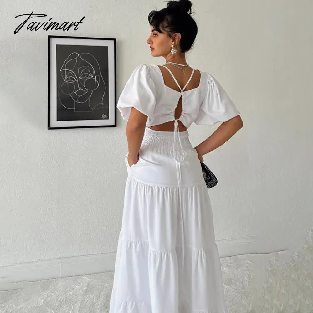 Elegant Square Neck New In Dresses For Women Vintage Short Sleeve A-Line Long Dress Backless Office Ladies White Midi Dress