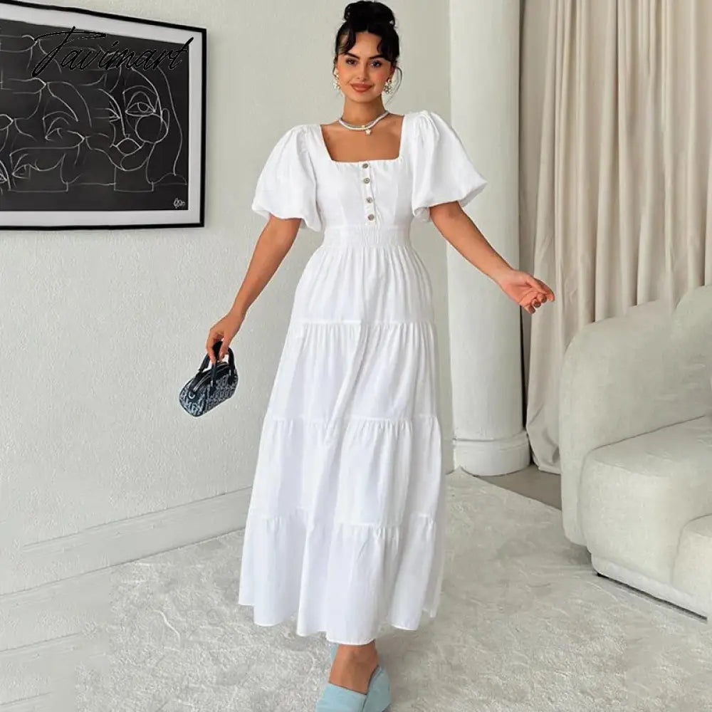 Elegant Square Neck New In Dresses For Women Vintage Short Sleeve A-Line Long Dress Backless Office Ladies White Midi Dress
